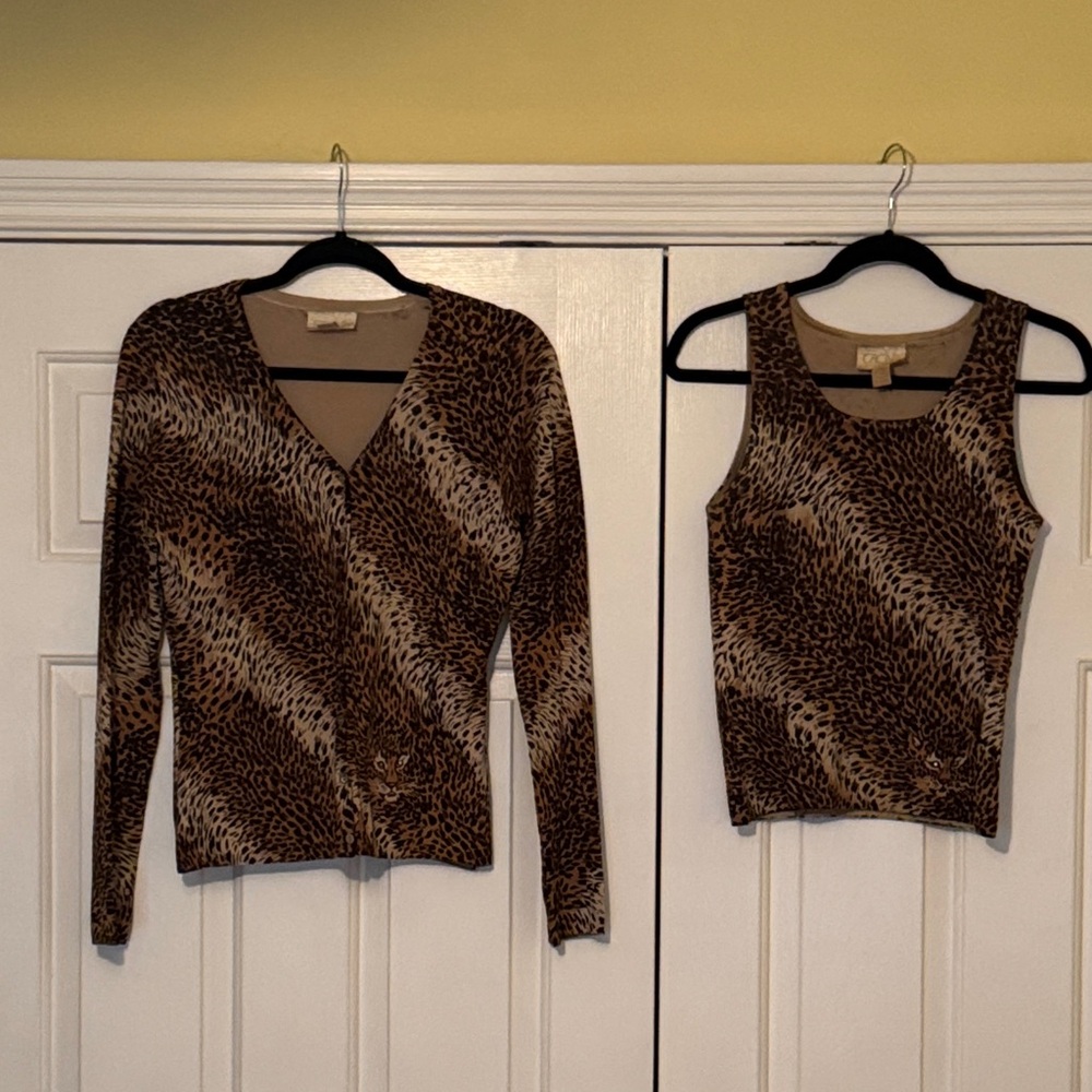 Caché Vintage Leopard Silk Blend Cardigan & Top w/ Leopard Face & Crystal Eyes